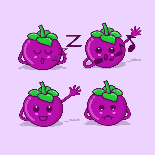 Set of mangosteen character with face and hand on purple background and shadow bundle