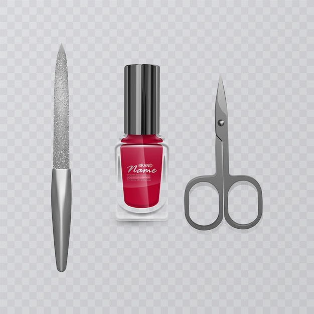 Set manicure accessoires, illustratie van manicure schaar, rode nagellak en nagelvijl, handverzorging, illustratie