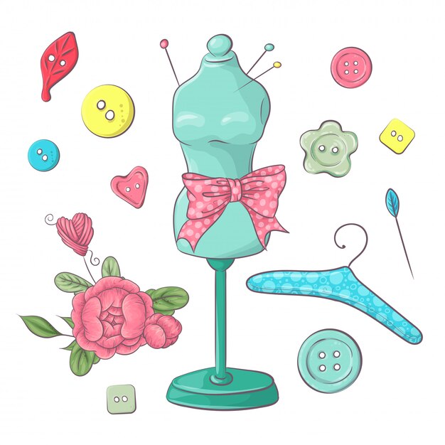 Vector set of mannequin sewing accessories. hand drawing. vector illustration