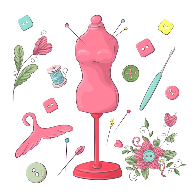 Vector set of mannequin sewing accessories. hand drawing. vector illustration