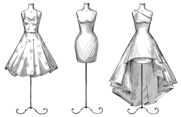 Vector set of mannequins. dummies with dresses. fashion line illustration.