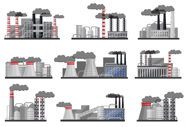 Insieme di fabbriche di produzione con edifici, tubi da fumo e cisterne d'acciaio. architettura industriale