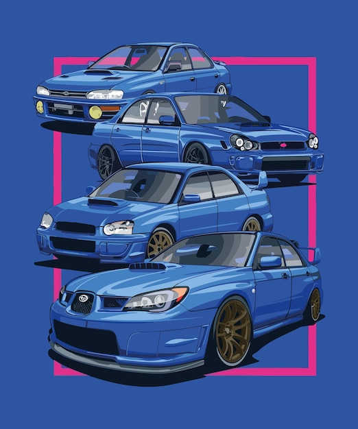 Vector set of many generation of the rally car impreza