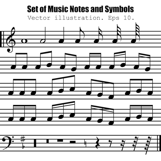 Vector set of many various black notes and symbols collection musical symbol music notes isolated on white background vector illustration