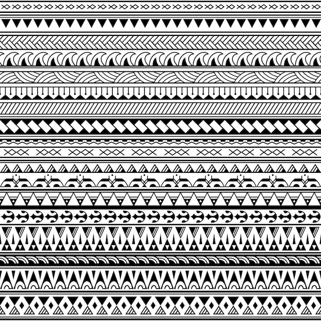 Vector set of maori polynesian tattoo line bracelets traditional ornaments border tribal sleeve seamless