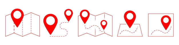 Набор символов карты и местоположения в красном цвете Значок карты Положение GPS-карты Геолокация Расстояние пути на карте Поиск по навигатору маршрута карты Вектор EPS 10
