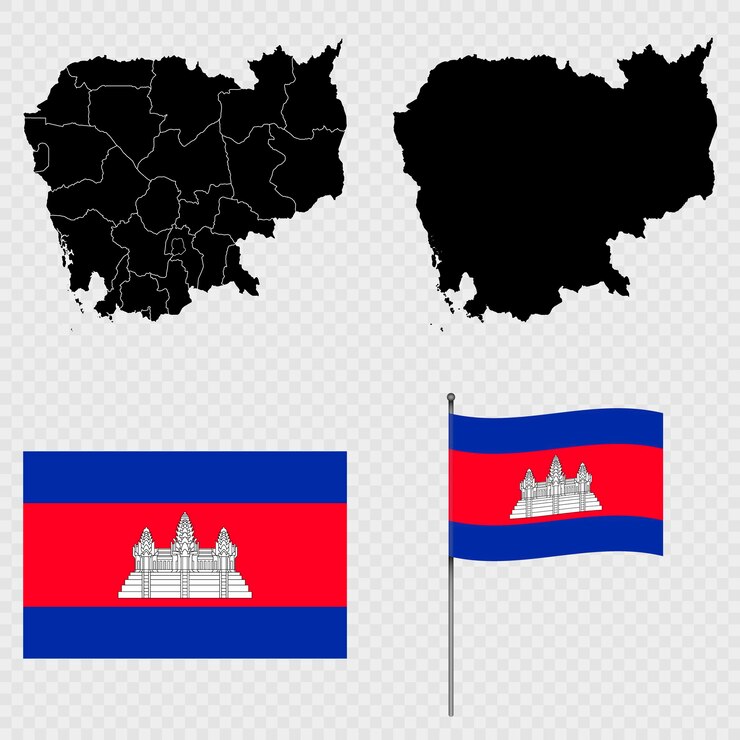 Set of maps flag and flagpole of Cambodia Vector illustration