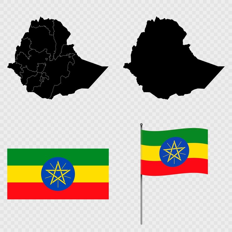 Set of maps flag and flagpole of Ethiopia Vector illustration