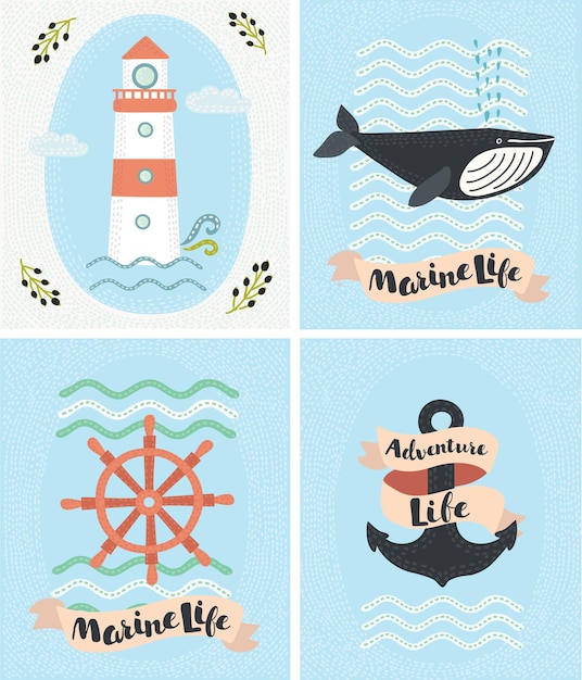 Set mariene wenskaarten en zee-elementen collectie illustraties