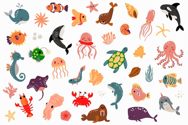 Vector set of marine animals handdrawn style white background isolate