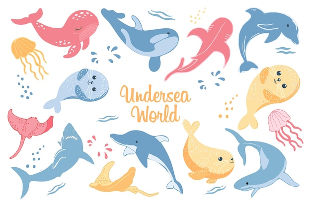 Vector set of marine animals of the underwater world, sharks, dolphins, whales and jellyfish. print