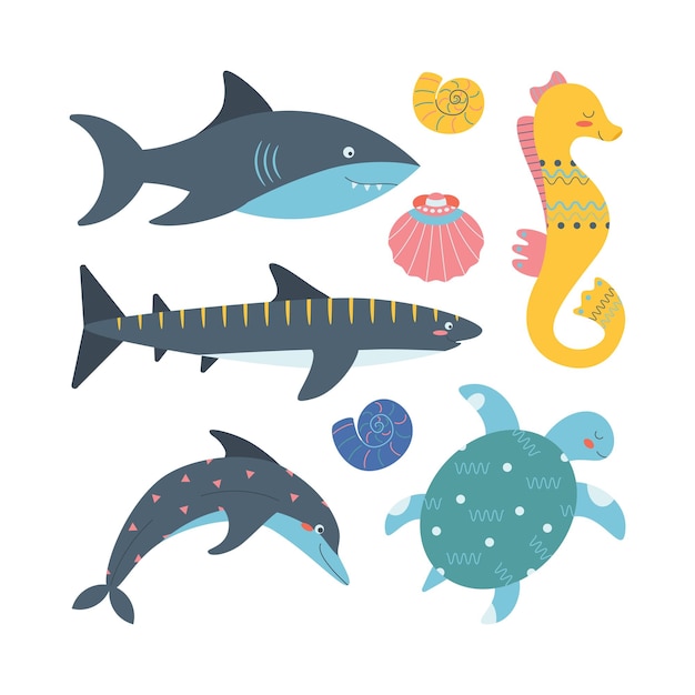 Set of marine elements fish dolphin shark shells turtle seahorse