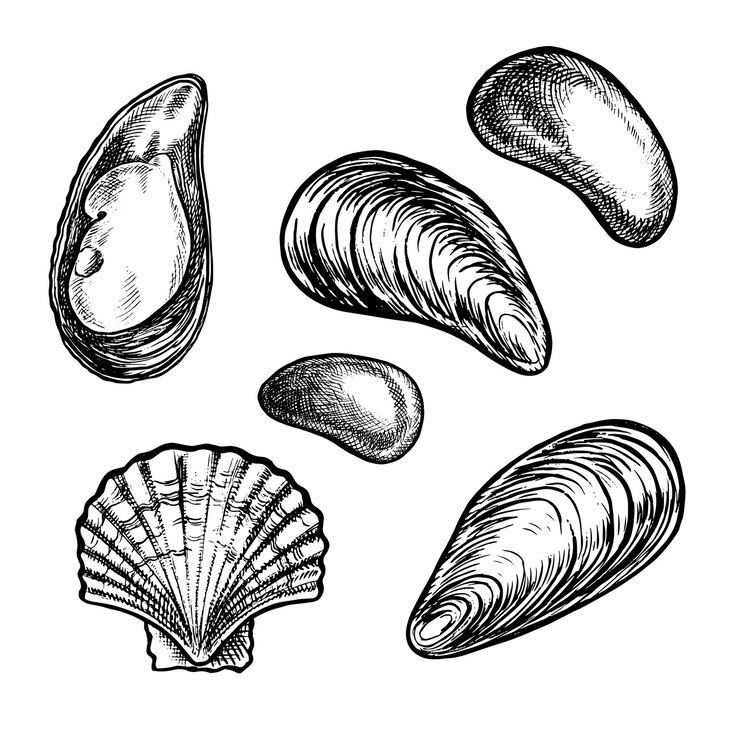 Vector a set of marine elements pebbles mussels and scallops vector graphic illustrations made by hand