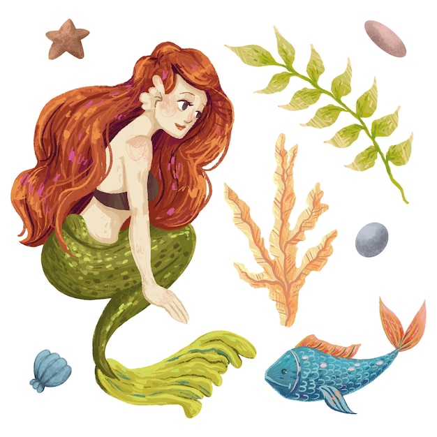 A set of marine illustrations with a mermaid, a fish, an algae, a shell, pebbles, a star drawn with colored pencils