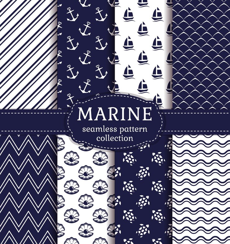 Set of marine and nautical backgrounds in navy blue and white colors. Sea theme. Cute seamless patterns collection. Vector illustration.