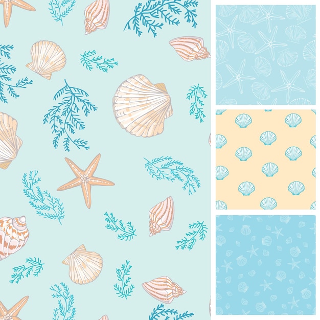Set of marine and nautical backgrounds in navy blue and white colors Sea theme Cute seamless patterns collection Vector illustration