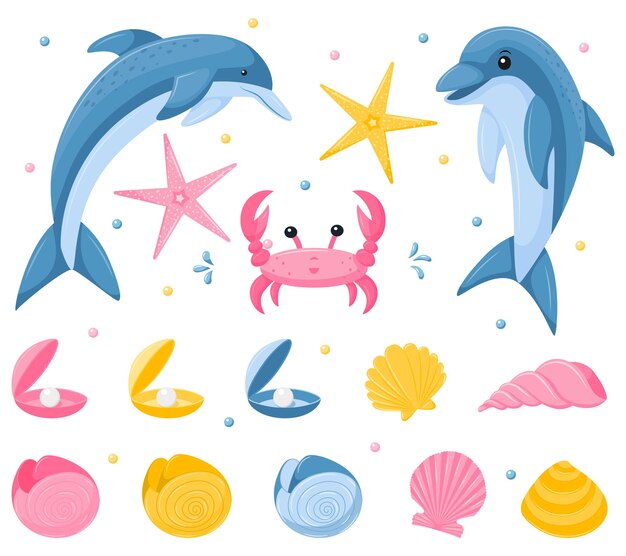 Una serie di animali marini subacquei delfini granchio conchiglie e stelle marine personaggi carini in stile cartone animato piatto illustrazioni vettoriali isolate su sfondo bianco