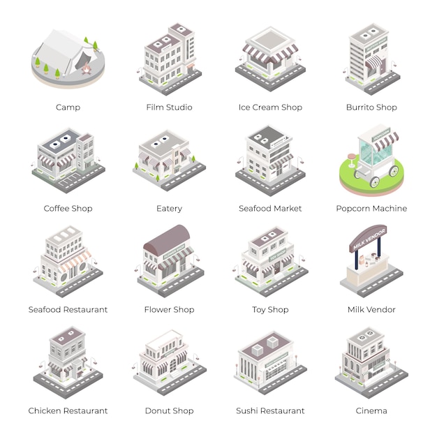 Vector set of market buildings isometric icons