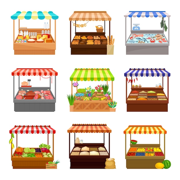 Set of market stalls with various products vector illustration on white background