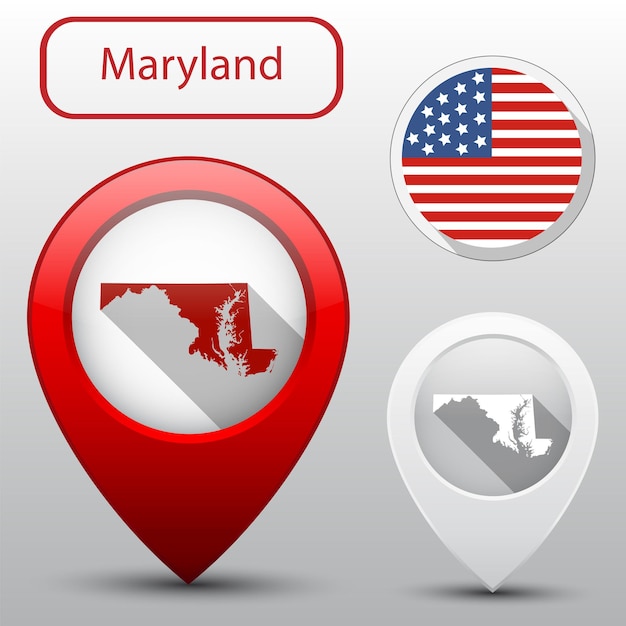 Set di stato del maryland con bandiera america e puntatore mappa