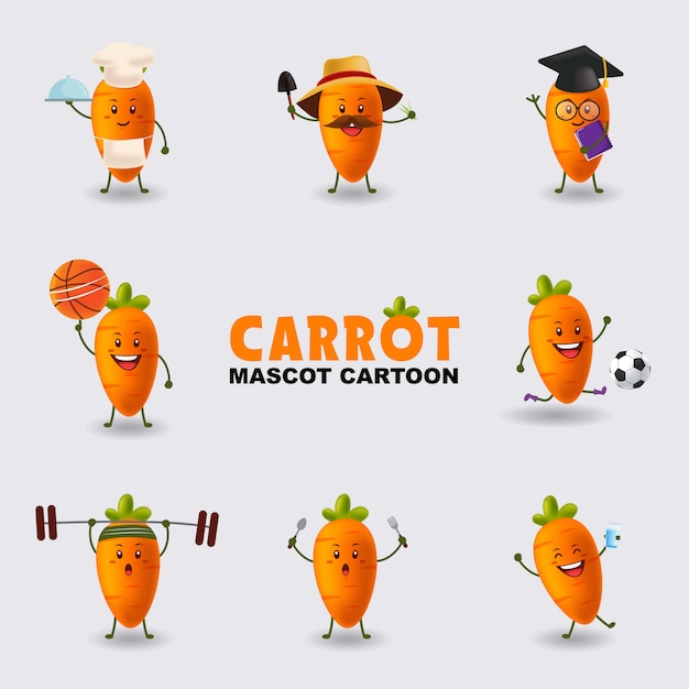 Vettore set di mascotte cartoon illustrazione carota in diverse pose isolato sfondo