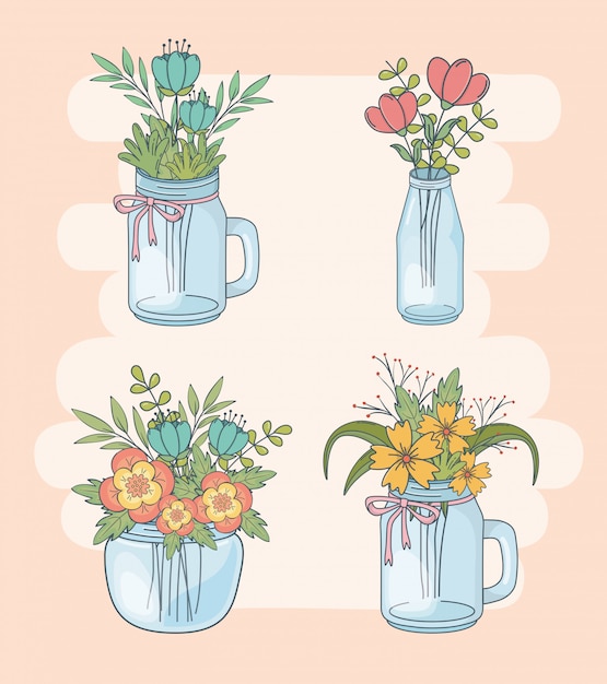 Set of mason jars with floral decorations