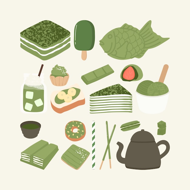 Set matcha groene thee dessert voedsel illustratie
