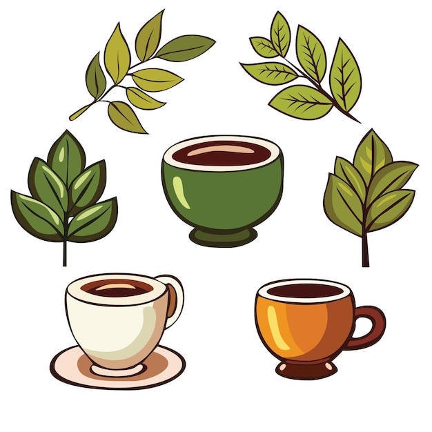 Набор предметов, связанных с чаем и кофе Матча Цветные векторные иконы