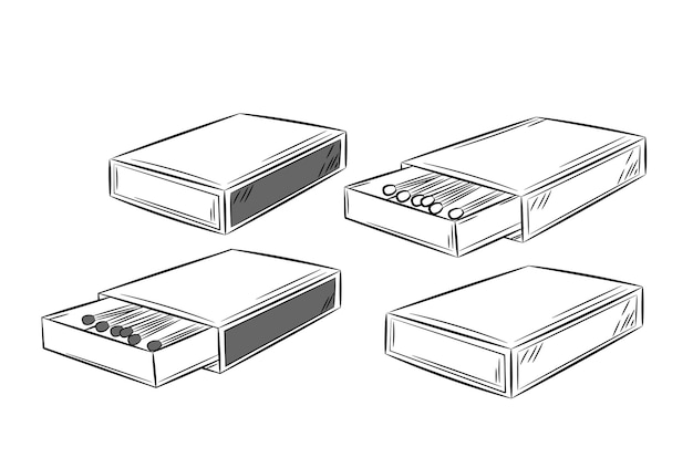 Набор спичечных коробков для спичек. Черная линия в стиле эскиза. Изолированная векторная иллюстрация.