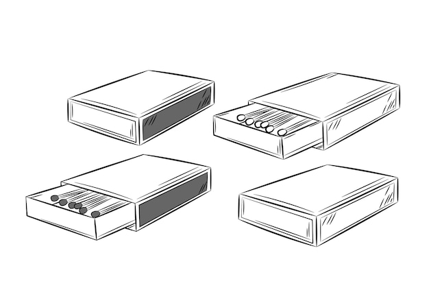 マッチ用のマッチ箱のセット。スケッチ スタイルの黒い線。ベクトル図を分離しました。