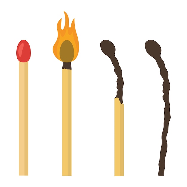 Set of matches Burning matches Match in flat style Vector illustration