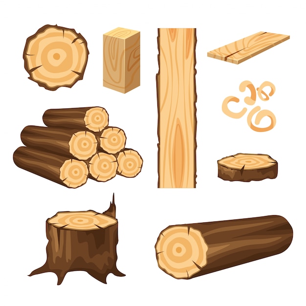 Set of materials for wood industry. tree trunk, planks isolated on white . wood logs for forestry.