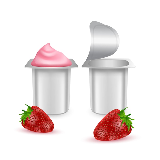 Vector set of matte plastic pots for yogurt