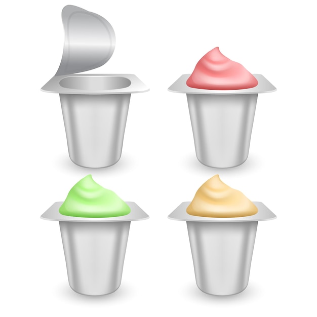 Vector set of matte plastic pots for yogurt