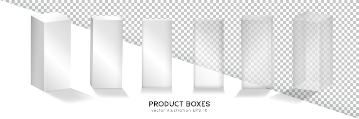 Vector set of matte white and glossy transparent product boxes. 3d realistic mockup of six packages