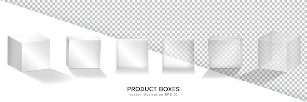 Set of matte white and glossy transparent product boxes. 3D realistic mockup of six packages