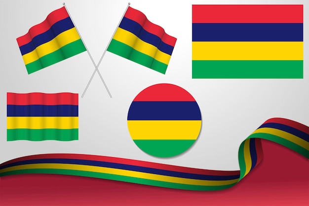 Set Of Mauritius Flags In Different Designs Icon Flaying Flags With ribbon With Background