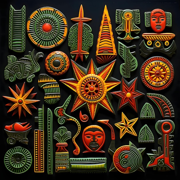 Set of mayan symbols on a black background Vector illustration