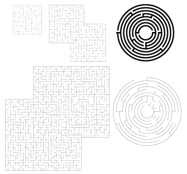 Vector set of maze in different geometric shapes rectangles and circle vector isolated on white background