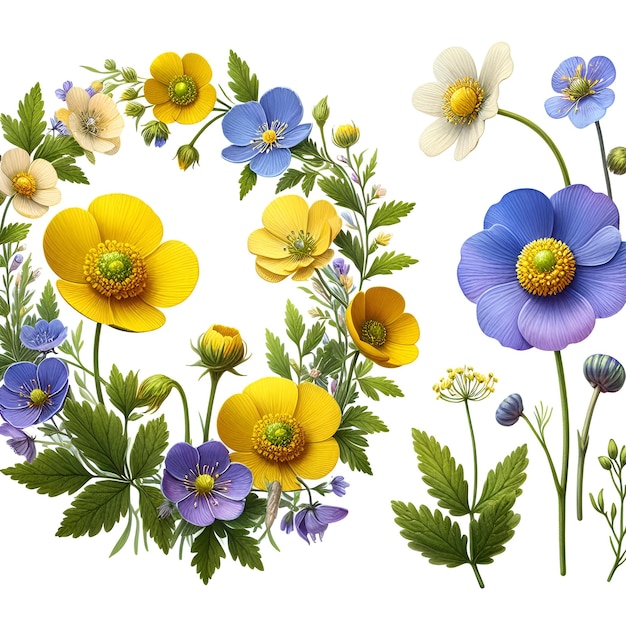 Vector set of meadow flowers wreath of yellow buttercup and common tansy