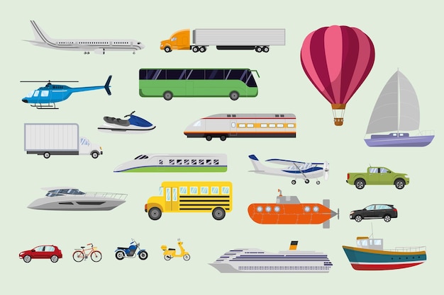 set of means of land sea and air transportation vector illustration