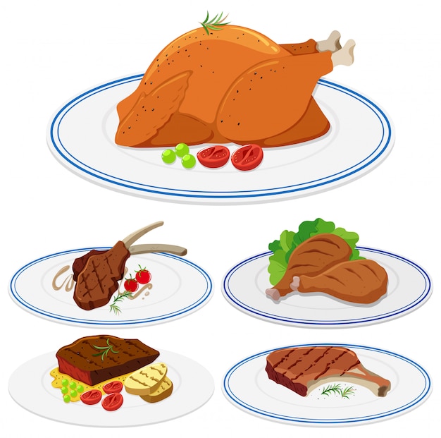 Vector set of meat food on plate