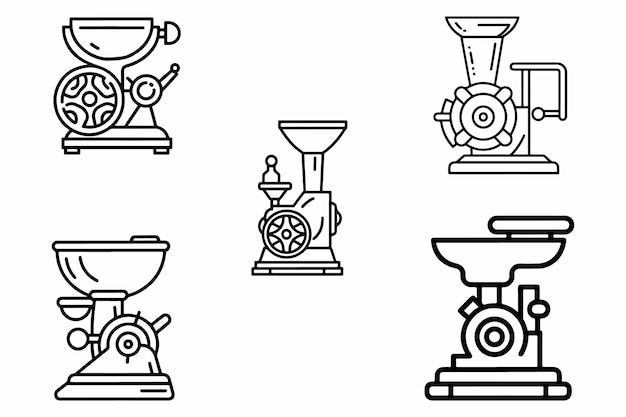 Set Of Meat Grinder Outline Vector Illustration On White Background