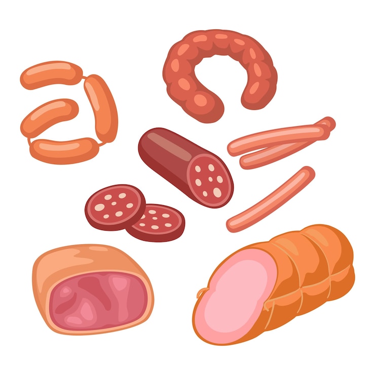 Вектор набор мясных продуктов различные типы колбасы и ветчины вектор цветовой векторной иконки