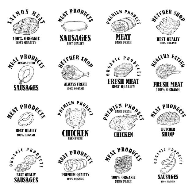 Set of meat products labels. design element for poster, logo, emblems, sign. vector illustration