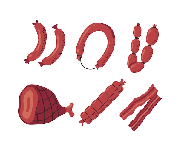 Set of meat products Sausages sausages and bacon Vector illustration