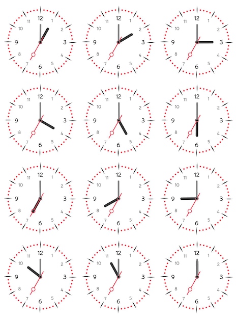 A set of mechanical clocks with an image of each of the twelve hours. Clock face on white background.