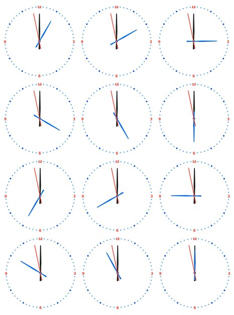 12時間のそれぞれの画像を備えた機械式時計のセット。白地に時計の文字盤。