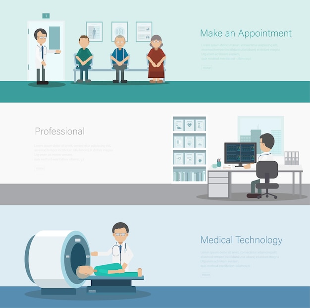 Set of medical banners with doctors and patients flat design vector illustration