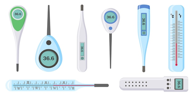 Set di termometri elettronici medici per ospedale durante il coronavirus salute e malattie vettore